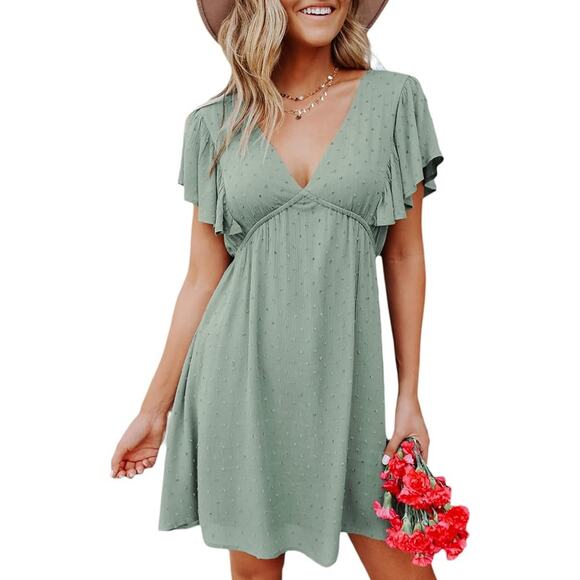 Magnolia Sage Green Swiss Dot Flutter Sleeve Mini Dress Women’s Medium - Picture 1 of 7